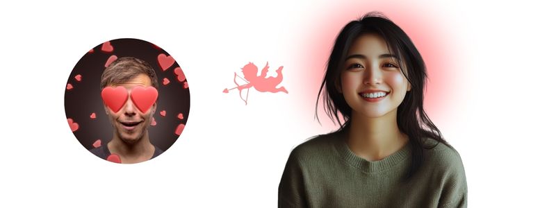 女性の笑顔に魅了されて目がハートの男性