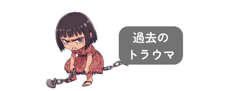 『過去のトラウマ』の文字と、足かせに悩む女の子のイラスト。心の重荷を表現
