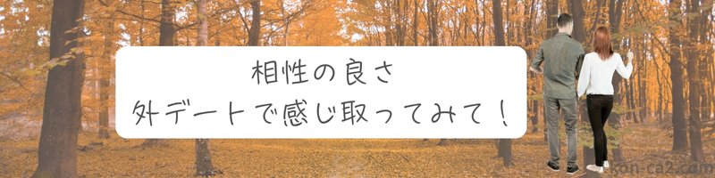 紅葉が色づく小道を手をつないで歩くカップルの後ろ姿。横に『相性の良さ　外デートで感じとってみて！』という文字が添えられている画像