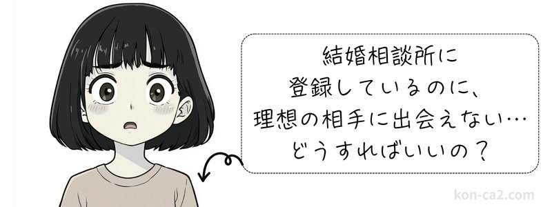 困惑した表情の女の子と、『結婚相談所に登録しているのに理想の相手に出会えない』という吹き出しのイラスト