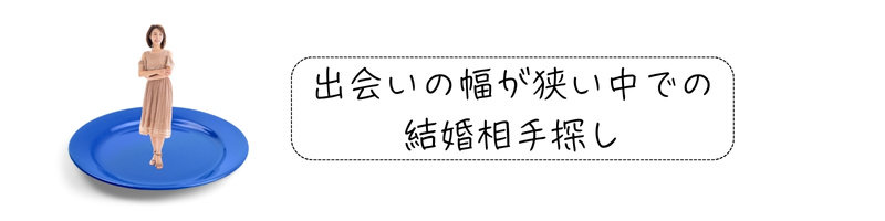 出会いの選択肢が限られた状況を象徴するように、大きなお皿の上に一人で立つ女性の姿と、「出会いの幅が狭い中での結婚相手探し」という問いかけが添えられた婚活イメージ