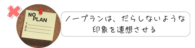 「NO PLAN」にバツ印が重ねられ、「ノープランは、だらしないような印象を連想させる」という文字が添えられた画像。計画性のない様子が、デートでの遅刻なども連想させる構図となっている。